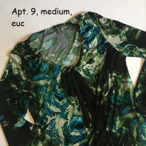 Apt. 9 poets blouse, green and blue tie-dyed, medium
